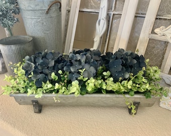 Farmhouse Floral Arrangement, Galvanized Planter Tray with Flowers and Greenery, Living Room Decor, TV console Centerpiece, Entryway Decor