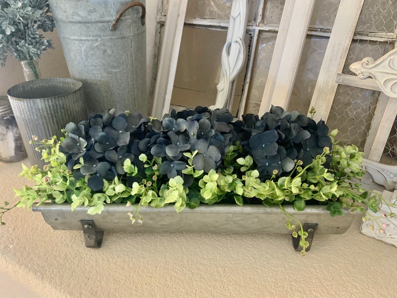 Farmhouse Floral Arrangement, Galvanized Planter Tray with Flowers and Greenery, Living Room Decor, TV console Centerpiece, Entryway Decor image 1