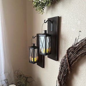 Wood Sconce with Black Hanging Lantern Farmhouse Rustic Vintage Style Lantern Candle Holder with Timer Cozy Home Decor Front Porch Cozy Fall Decorations Housewarming Gift Country Wall Sconce Over the Bed Wall Decor Christmas Gift Country Living Style