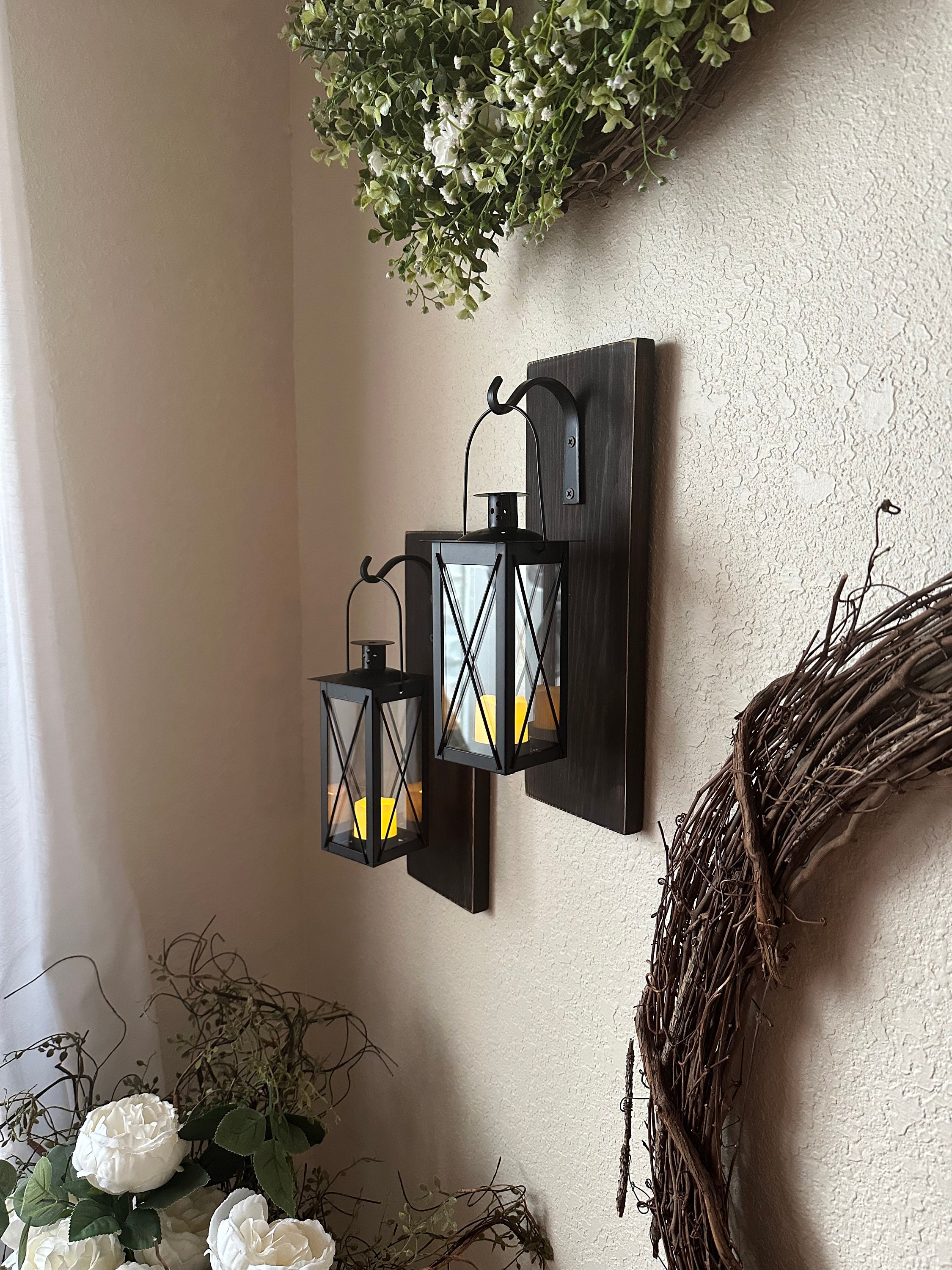 Farmhouse Candle Sconces Set Of 2 - Black Metal Lantern Wall Decor With Wood Boards