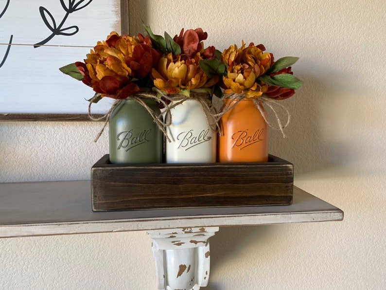 Fall Table Centerpiece,Fall Decor,Seasonal,Thanksgiving Table Decor,Mantle Decor,Rustic Planter With Jars,Mason Jar Centerpiece box,Country image 5