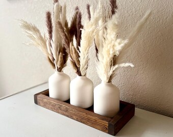 Boho Pampas Grass Centerpiece in Wood Tray – Neutral Farmhouse Table Decor, Rustic Vase Set, Modern Home Decor, Coffee Table Styling