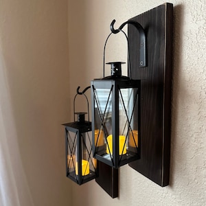 Set of Two Hanging Wall Lantern Sconces, Farmhouse Wall Decor, Lantern Sconces, Black, Front Porch Decor, Lanterns, Wood Sconce