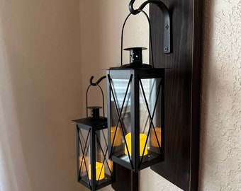 Set of Two Hanging Wall Lantern Sconces, Farmhouse Wall Decor, Lantern Sconces, Black, Front Porch Decor, Lanterns, Wood Sconce