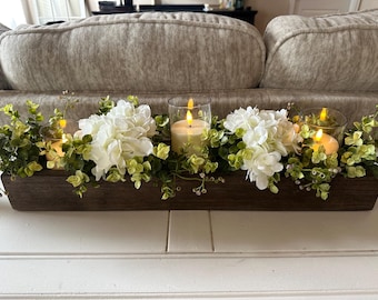 Candle Centerpiece dining room table kitchen island fireplace mantle 24" long remote candle holder tray greenery hydrangeas