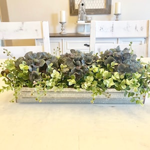 Farmhouse Floral Arrangement, Galvanized Planter Tray with Flowers and Greenery, Living Room Decor, TV console Centerpiece, Entryway Decor image 6