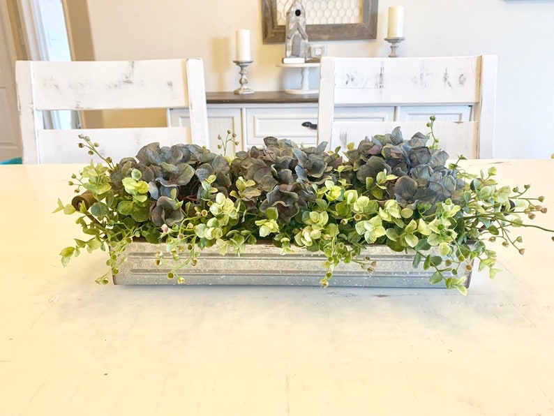 Farmhouse Floral Arrangement, Galvanized Planter Tray with Flowers and Greenery, Living Room Decor, TV console Centerpiece, Entryway Decor image 6