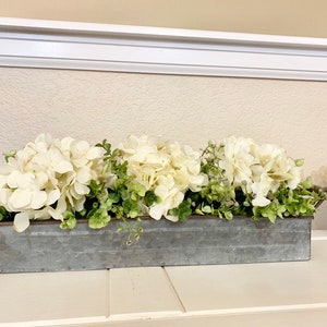 Farmhouse Floral Arrangement, Galvanized Planter Tray with Flowers and Greenery, Living Room Decor, TV console Centerpiece, Entryway Decor image 9