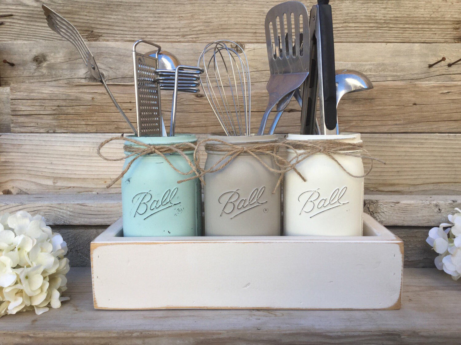 Mason Jar Utensils Holder, Mason Jar Kitchen Decor, Kitchen Utensils Holder, Painted Mason Jar Kitchen Set, Rusitc Farmhouse Kitchen Decor