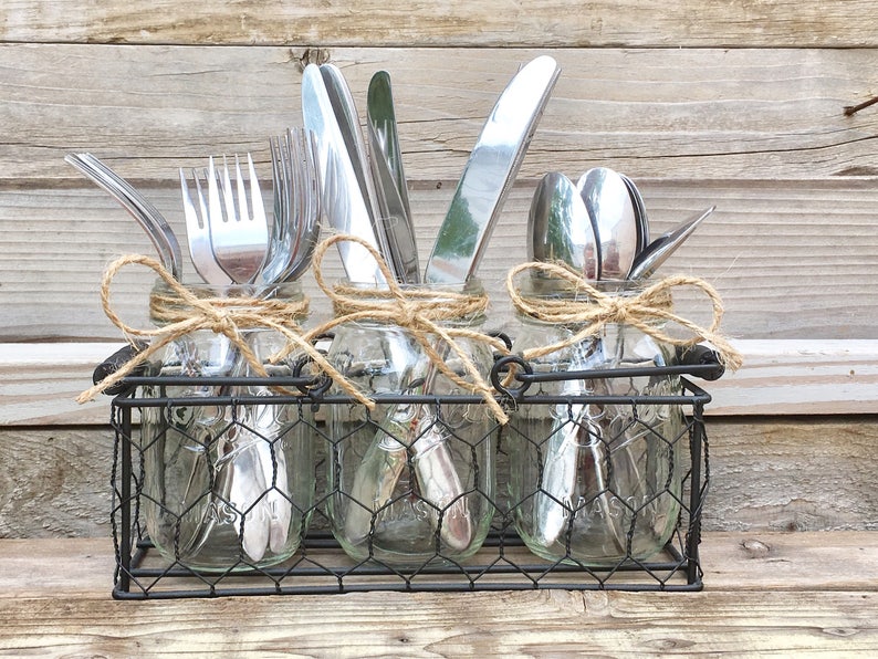 Mason Jar Silverware caddy, Chicken Wire Silverware Holder, Rustic Party Decor, Fork, Spoon Knive Caddy, Farmhouse Silverware Organizer image 3