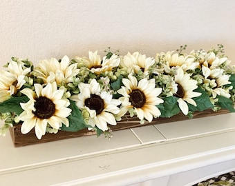 Cream Sunflower Floral Arrangement, Farmhouse Off White Sunflower Kitchen Island Centerpiece, Fall Dining Room Decor, Fall Mantle Decor