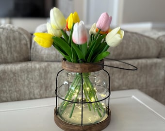 Vintage Style Spring Easter Farmhouse Vase with Tulips, Tulip Centerpiece, Rustic Lantern Decor, Rustic Farmhouse Vase, Floral Arrangement