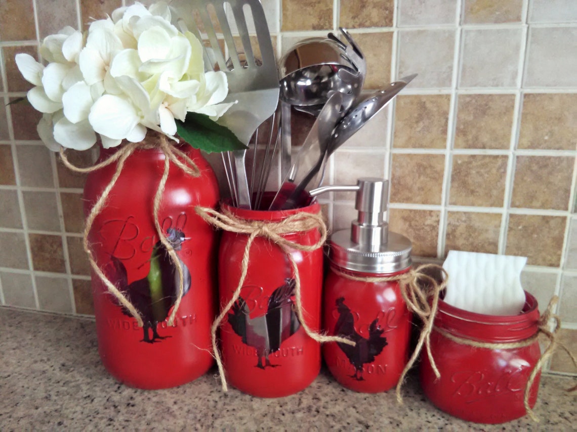 Chicken Decor Chicken Kitchen Set Red Chicken Kitchen Etsy