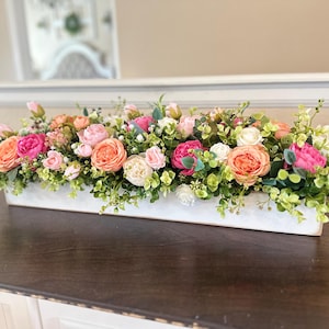 Farmhouse Planter Box Centerpiece with Greenery, Rustic Table Centerpiece, Floral Arrangements with Greenery, Mantle Decor