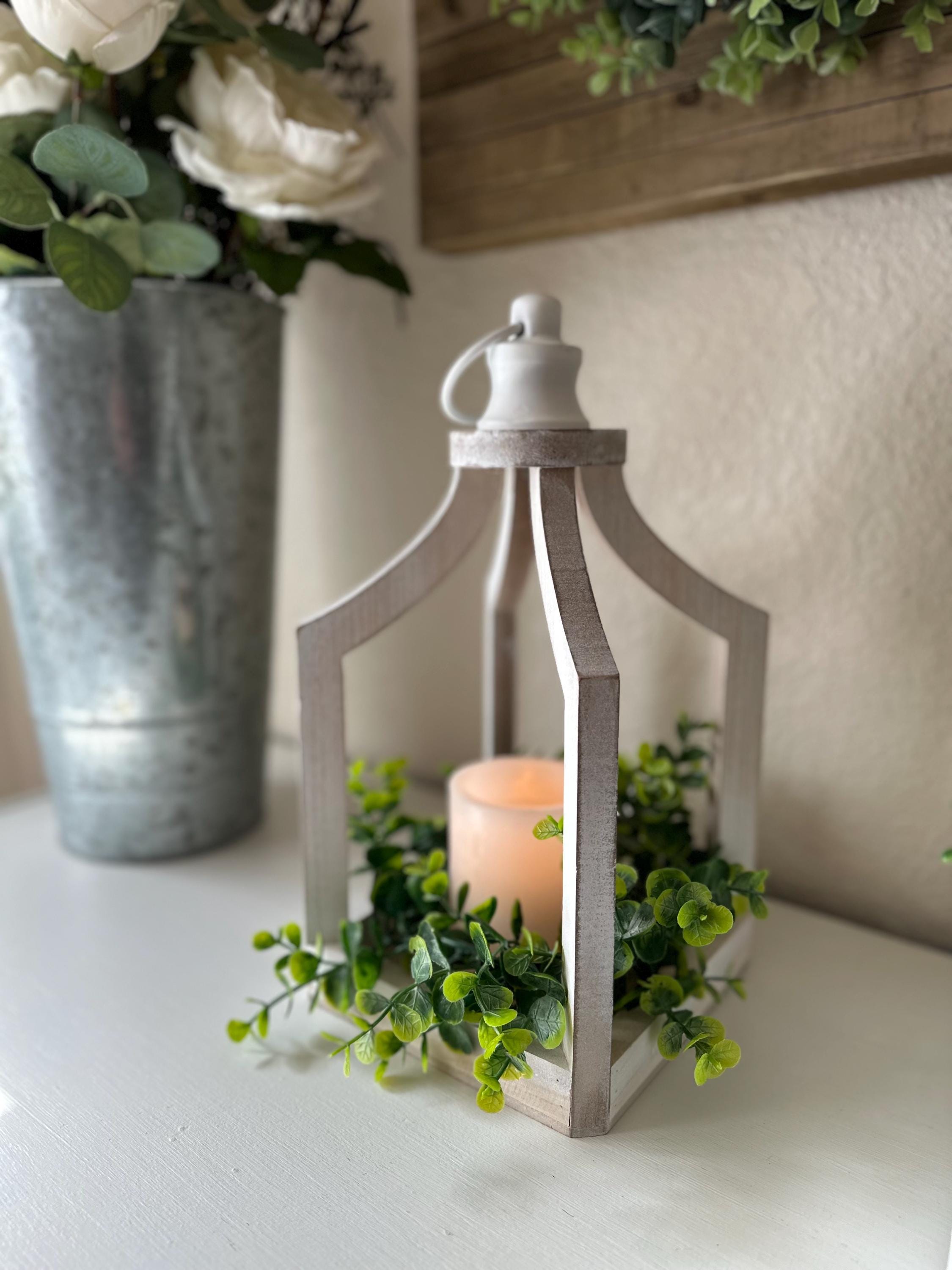 Rustic Wooden Lantern With LED Candle & Greenery – Farmhouse Table ...