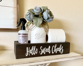 Hello Sweet Cheeks, Bathroom Decor, Wood Toilet Box, Toilet Tank Tray, Rustic Bathroom Decor, Bathroom Humor, Hello Sweet Cheeks Sign