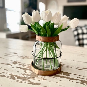 Vintage Style Farmhouse Vase with Tulips, Spring Tulip Centerpiece, Rustic Lantern Decor, Rustic Farmhouse Vase, Floral Arrangement