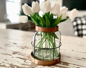 Vintage Style Farmhouse Vase with Tulips, Spring Tulip Centerpiece, Rustic Lantern Decor, Rustic Farmhouse Vase, Floral Arrangement