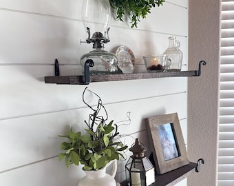 Wood Shelf with Iron Brackets, Shelf for Wall Decor, Rustic Farmhouse Wooden Shelves Bathroom Decor, Kitchen Wall Shelf Single or Set of Two