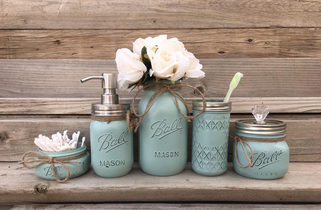 Mason Jar Bathroom Decor, Seafoam Bathroom Set, Painted Mason Jar