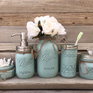 Mason Jar Bathroom Decor, Seafoam Bathroom Set, Painted Mason Jar Bathroom Set, Bathroom Set, Bathroom Decor,Bathroom Decor, Mason Jars afbeelding 1