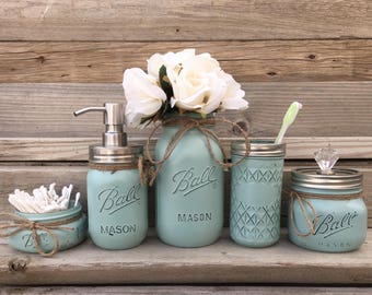 Seafoam Painted Mason Jar Bathroom Set: Rustic Home Decor