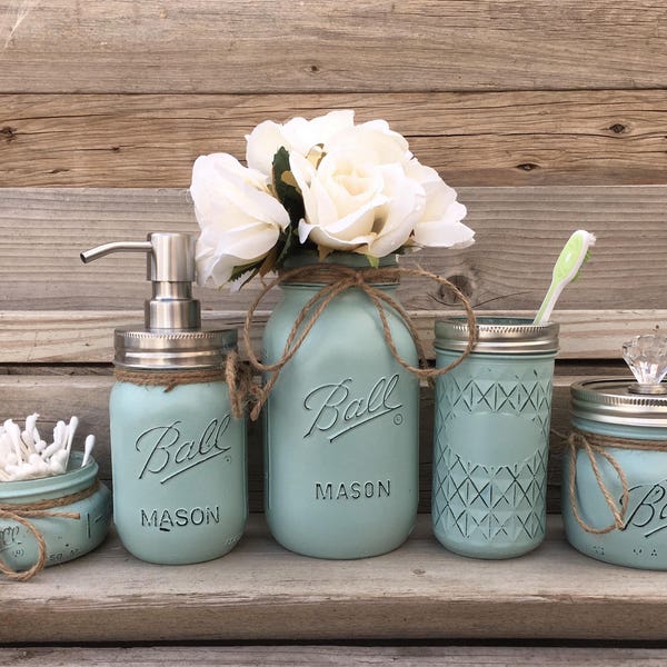 Mason Jar Bathroom Decor, Seafoam Bathroom Set, Painted Mason Jar Bathroom Set, Bathroom Set, Bathroom Decor,Bathroom Decor, Mason Jars