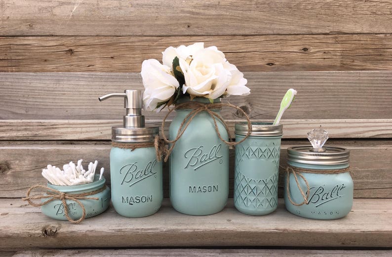 Mason Jar Bathroom Decor, Seafoam Bathroom Set, Painted Mason Jar Bathroom Set, Bathroom Set, Bathroom Decor,Bathroom Decor, Mason Jars afbeelding 1