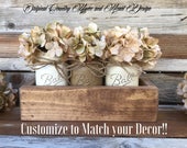 Farmhouse Centerpiece, Mason Jar Centerpiece, Rustic Wood Planter Box With 3 Pint Ball Mason Jars,Vintage Style Farmhouse Decor, Mason Jars