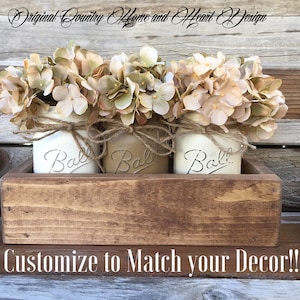 Farmhouse Decor Centerpiece Floral Rustic Mason Jar Centerpieces Wood Planter Box With 3 Pint Ball Painted Mason Jars Table Decor