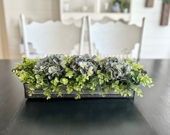 Farmhouse Floral Arrangement, Galvanized Planter Tray with Flowers and Greenery, Living Room Decor, TV console Centerpiece, Entryway Decor