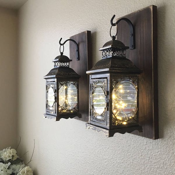 Hanging Lantern Sconces, Farmhouse Wall Decor, Lantern Sconces, Black, Lanterns, Wood Sconce with Lantern, Country Decor, Wall Lantern