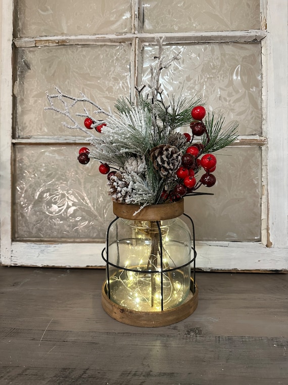 Vintage Style Farmhouse Christmas Vase, Christmas Decor, Rustic Christmas Vase, Christmas Floral Arrangement, Hostess Gift