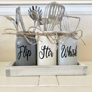 Farmhouse Utensils Holder, Flip, Stir, Whisk, Kitchen Decor, Utensils Holder, Mason Jar Utensils Holder, Mason Jar Utensil Jar VINYL LETTERS