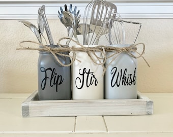 Farmhouse Utensils Holder, Flip, Stir, Whisk, Kitchen Decor, Utensils Holder, Mason Jar Utensils Holder, Mason Jar Utensil Jar VINYL LETTERS