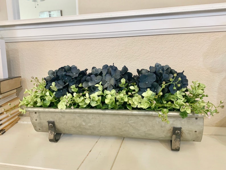 Farmhouse Floral Arrangement, Galvanized Planter Tray with Flowers and Greenery, Living Room Decor, TV console Centerpiece, Entryway Decor image 3