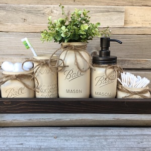 Rustic Farmhouse Decor Bathroom Set Painted Mason Jar Sets With Oil Rubbed Bronze Soap Dispenser and Storage Jars Qtip, Toothbrush Holders