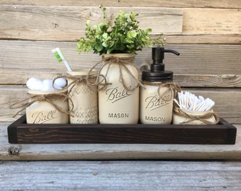 Rustic Farmhouse Decor Bathroom Set Painted Mason Jar Sets With Oil Rubbed Bronze Soap Dispenser and Storage Jars Qtip, Toothbrush Holders