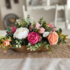 Dough Bowl Centerpiece with Floral Arrangement | Dough Bowl Farmhouse Table Decor | Home Decor | Spring, Summer Table Decorations