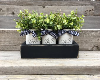 Farmhouse Fall Centerpiece, Primitive Fall Decor, Gingham, Mason Jars, Rustic Wood Planter, Black and White Buffalo Check Decor, Greenery