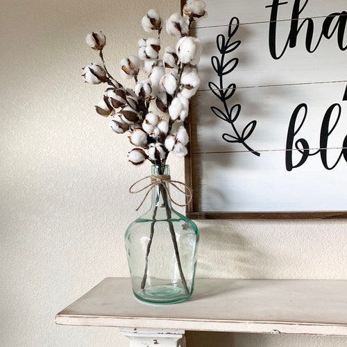 Farmhouse Glass Jug With Cotton Stems Boll Decor Cotton Stem Etsy