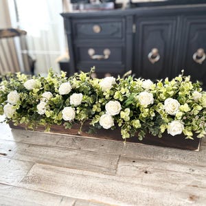 Rustic Planter Box Centerpiece with Greenery, Farmhouse Table Centerpiece, Floral Arrangements with Greenery, Mantle Decor