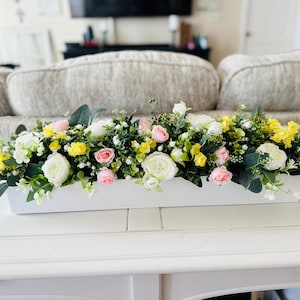 Dining Room Table Spring Floral Centerpiece | Artificial Flower Arrangement | Wedding Table Decor | Wood Planter Box Easter Centerpiece