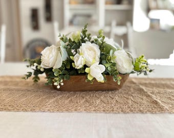Farmhouse Dough Bowl Centerpiece | Faux White Roses & Greenery