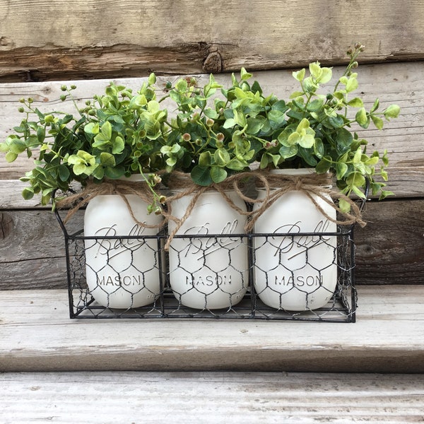 Chicken Wire Tray with Jars, Farmhouse Table Decor, Rustic Decor, Mason Jar Decor, Chicken Wire Basket, Coffee Table Decor, Farmhouse Decor
