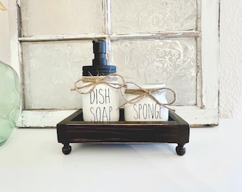 Kitchen Decor, Farmhouse Riser Sink Tray with Legs for Dish Soap Dispenser Jar and Sponge Holder Jar