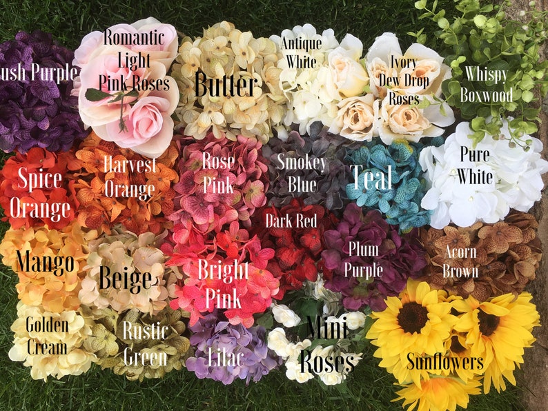Op de afbeelding: Een kaart met 16 verschillende soorten kunstbloemen, waaronder hortensia's, rozen en zonnebloemen. De bloemen zijn in een rasterpatroon gerangschikt en gelabeld met hun namen en kleuren.