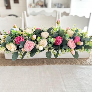 Dining Room Table Spring Floral Centerpiece | Artificial Flower Arrangement | Wedding Table Decor | Wood Planter Box Easter Centerpiece