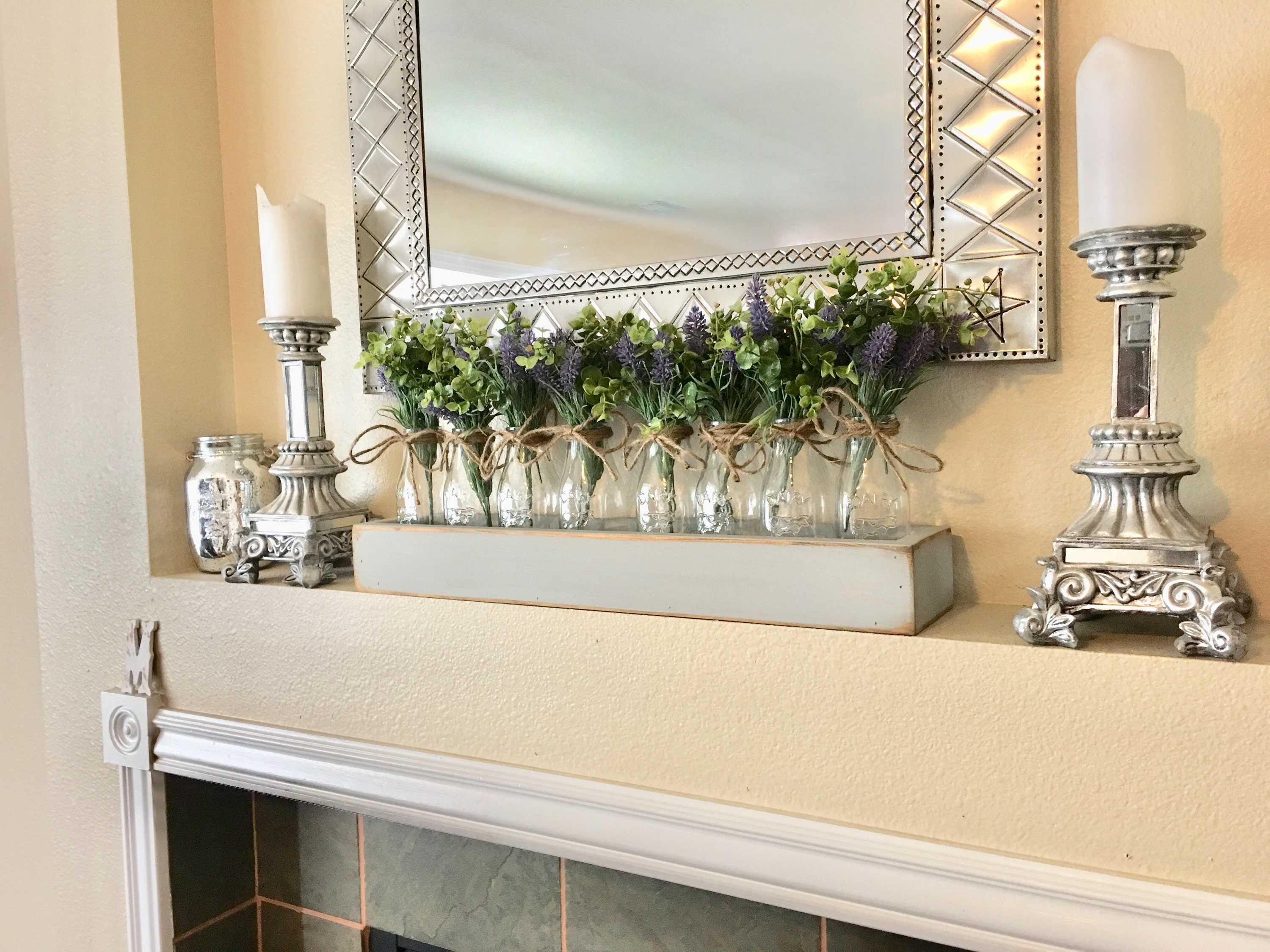 Farmhouse Mantle Decor, Rustic Mantle Decor, Planter Box With Milk Jars and Flowers, Country ...
