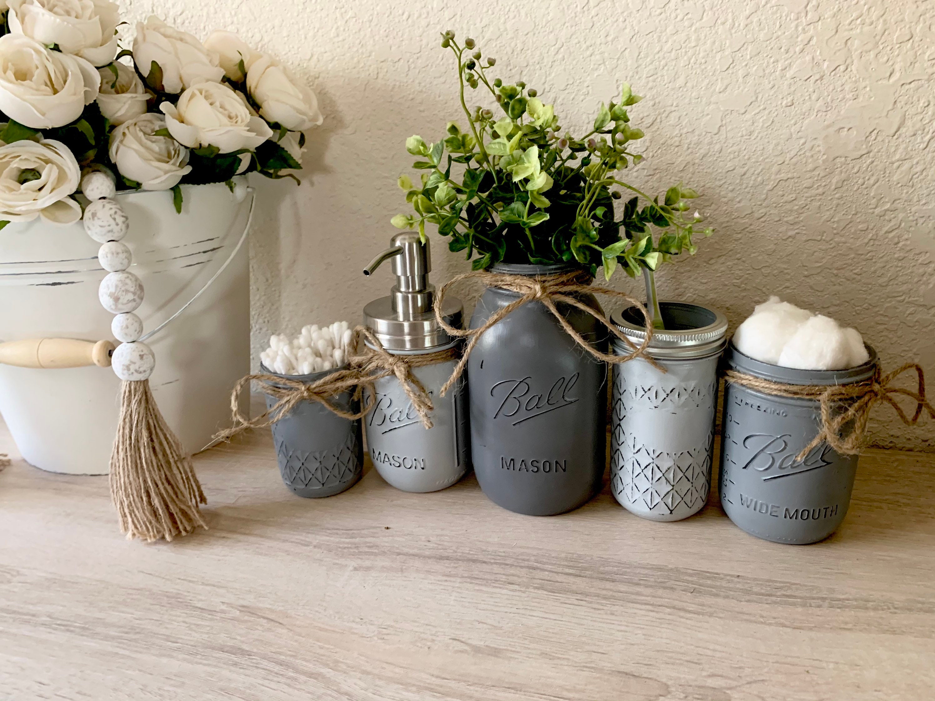 Mason Jar Bathroom Decor Gray Painted Mason Jar Bath Set Etsy